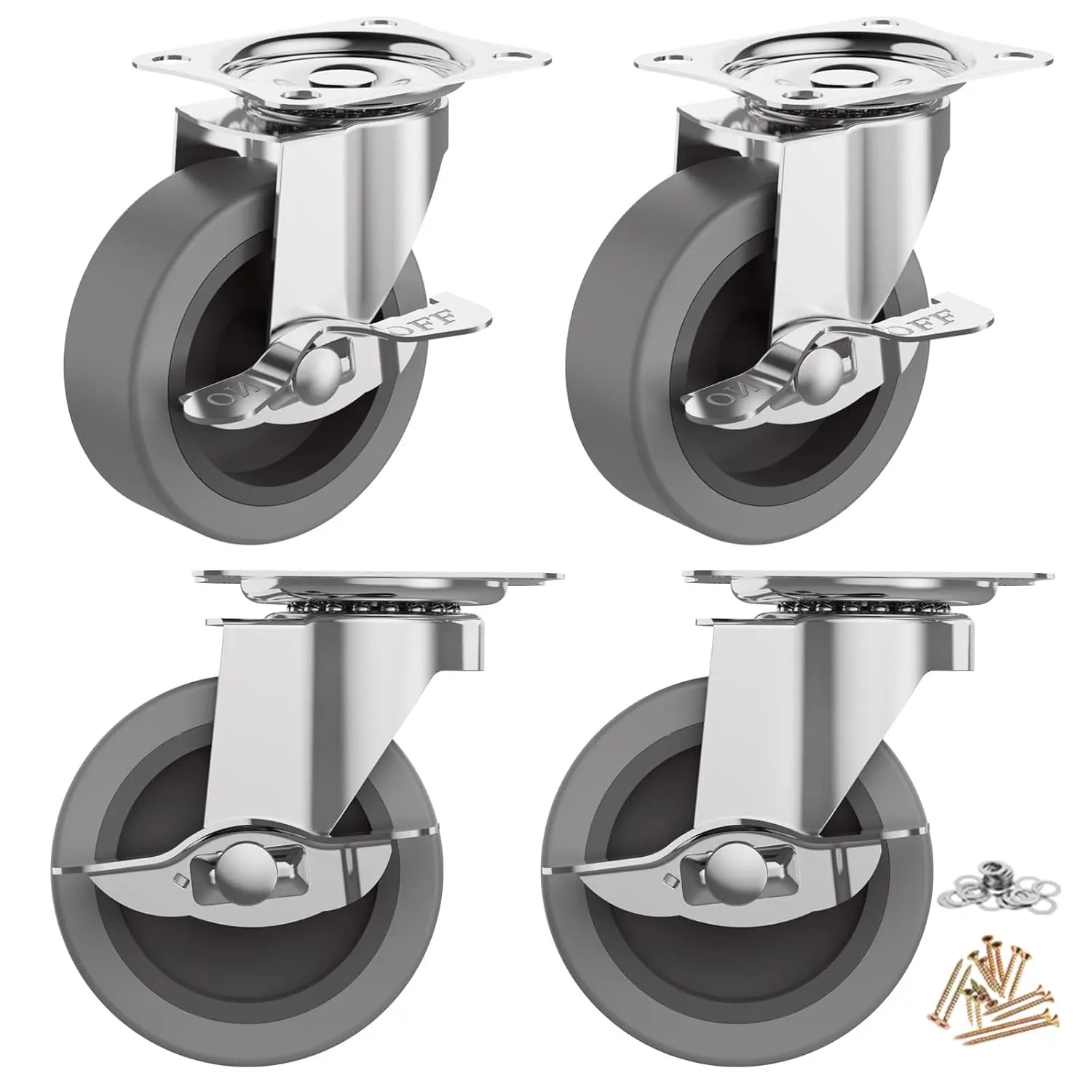 Industrial 3-Inch Heavy-Duty Plate Swivel Caster Wheels with Brake, Set of 4 Lockable Rubber Caster Wheels, Lockable Wheels
