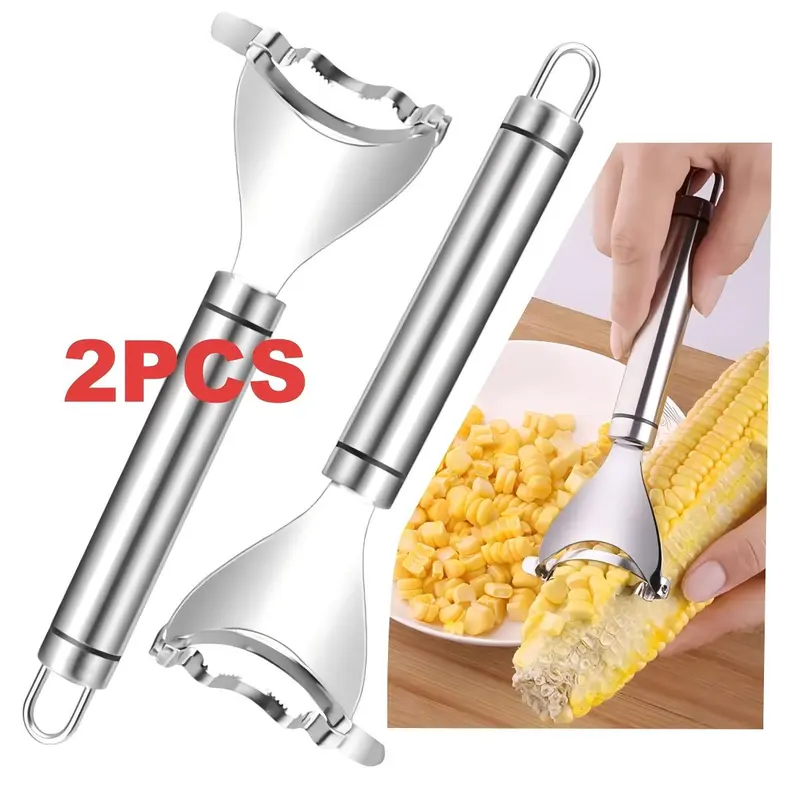 2-Count Durable Stainless Steel Blade Corn Cob Stripper & Peeler Kitchen Utensils, Ergonomic Handle with Comfy Grip, 3-Row Kernel Strip Hanging Tool for Busy Moms, Home & Party Supply Gift
