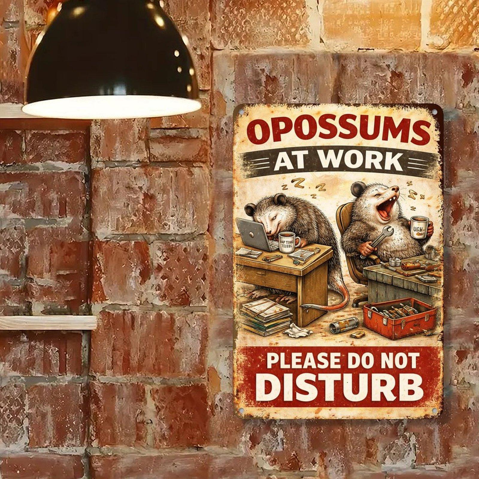 "Opossums At Work Please Do Not Disturb" Funny Vintage Metal Sign, 8x12 Inch Retro Office Wall Decor