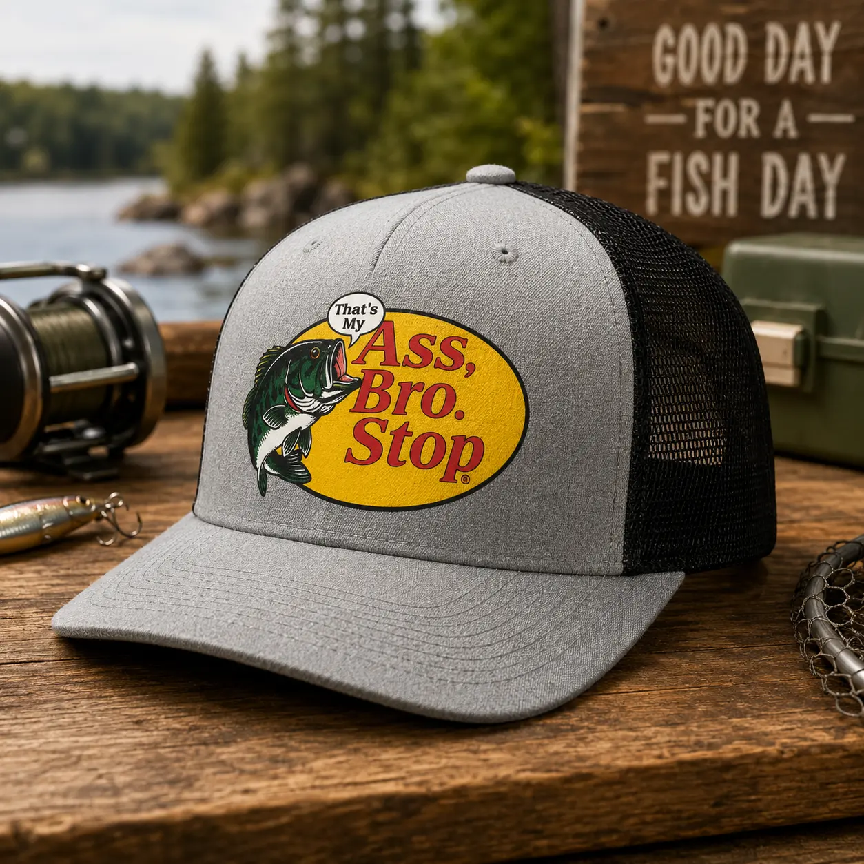 That's My Ass Bro Stop Trucker Hat, Funny Bass Fishing Cap, Angler Mesh Snapback, Outdoor Fishing Rope Hat
