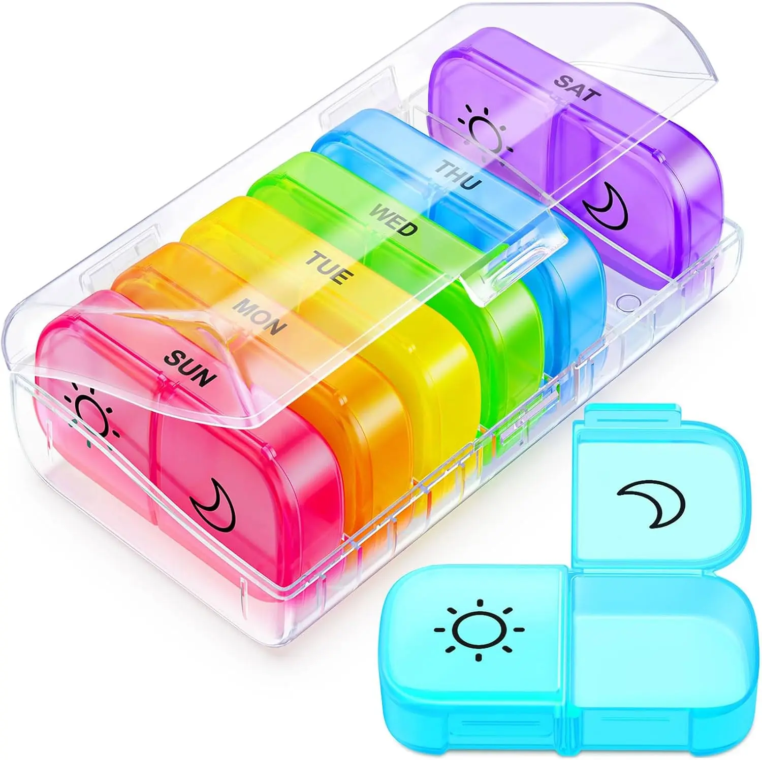 XL Weekly Pill Organizer 2 Times a Day with Large Opening for Easy Filling, AM PM Pill Box 7 Day in Rainbow Colors, Portable Travel Pill Case for Medication, Vitamins, Fish Oils, Supplements
