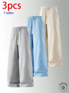 3-pack men’s pure cotton long pants: loose straight casual pants, sweatpants/joggers, featuring a drawstring waistband design. Available in multiple colors. Suitable for home lounging, daily commuting, outdoor walks, short trips, camping—versatile casual