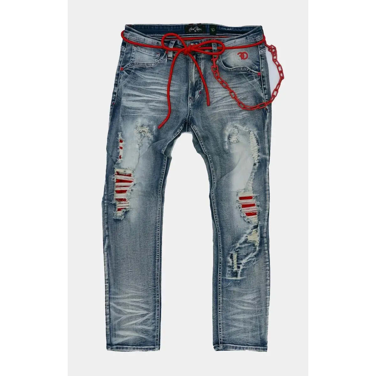 Frost Shredded Jeans W/Cord & Chain - Blue