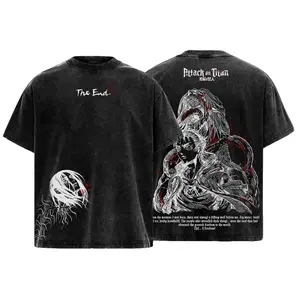 Men's Classic Seamless Attack on Titan Eren Yeager Oversized Heavy Cotton Shortsleeve Tshirt, Washed Vintage Double-Printed Unisex Streetwear Graphic Apparel, The Rumbling Collector Edition Top
