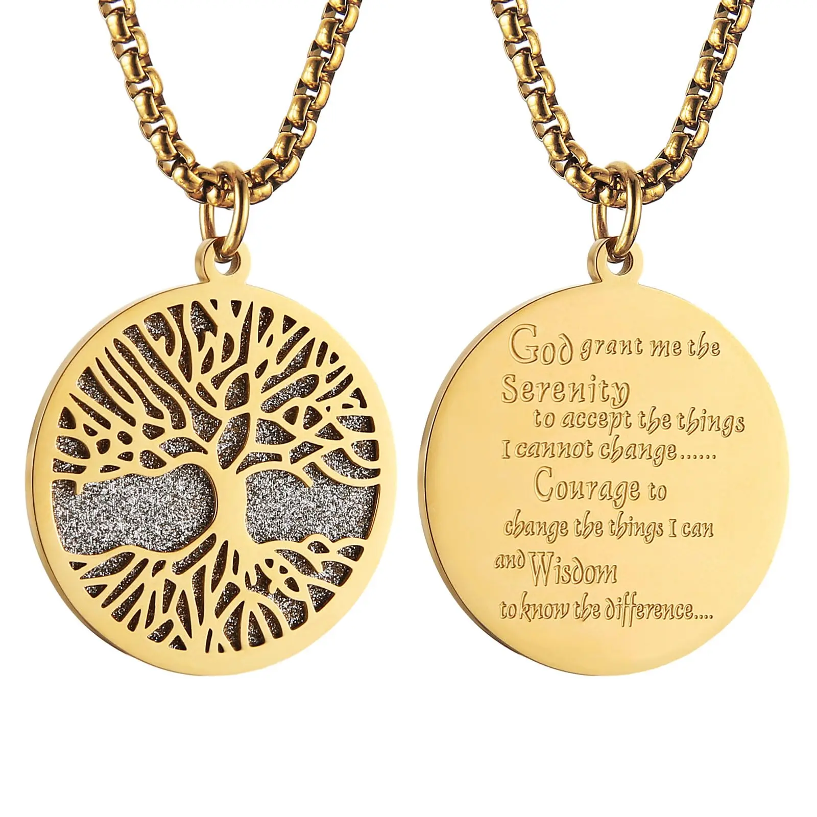 HZMAN Stainless Steel Gold Silver Tree of Life Serenity Prayer Necklace Pendant Zircon Inlaid for Men Women Jewelry Gift