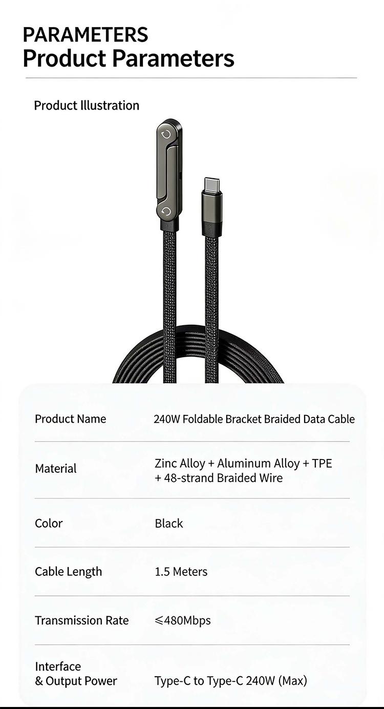 1pc Black 240W Super Fast Charging Type-C Cable Invisible Holder Charger with Stand for Gaming Office Car Travel