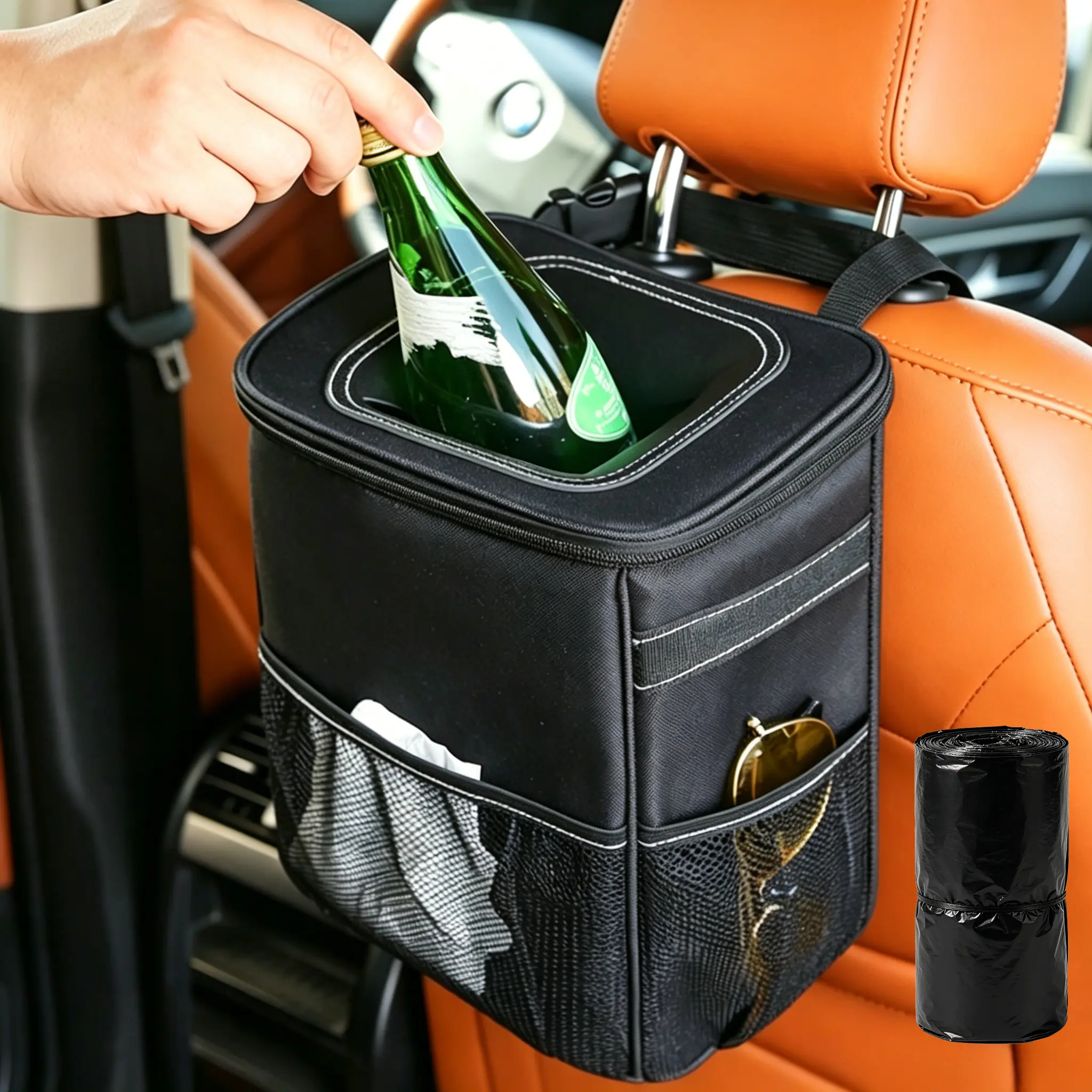 Multifunctional Car Trash Can with Lid, Storage Pockets, Adjustable Strap, Collapsible Bag - Leakproof Water-Resistant Car Interior Organizer for SUV - Easy-Clean Vehicle Organizer for Daily Commute