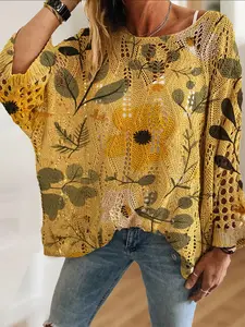 Spring Summer Women's Off-Shoulder Batwing Sleeve Knit Top with Floral Print, Lightweight Breathable Long Sleeve, Casual Elegance Beachwear Womenswear