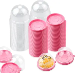 100 Set 2.75x2.75x2 inch Mini Cupcake Boxes Clear Plastic Muffin Pod Dome Muffin Single Container Box Wedding Birthday Gifts Supplies for Cheese Pastry Dessert Mooncake (round, pink)