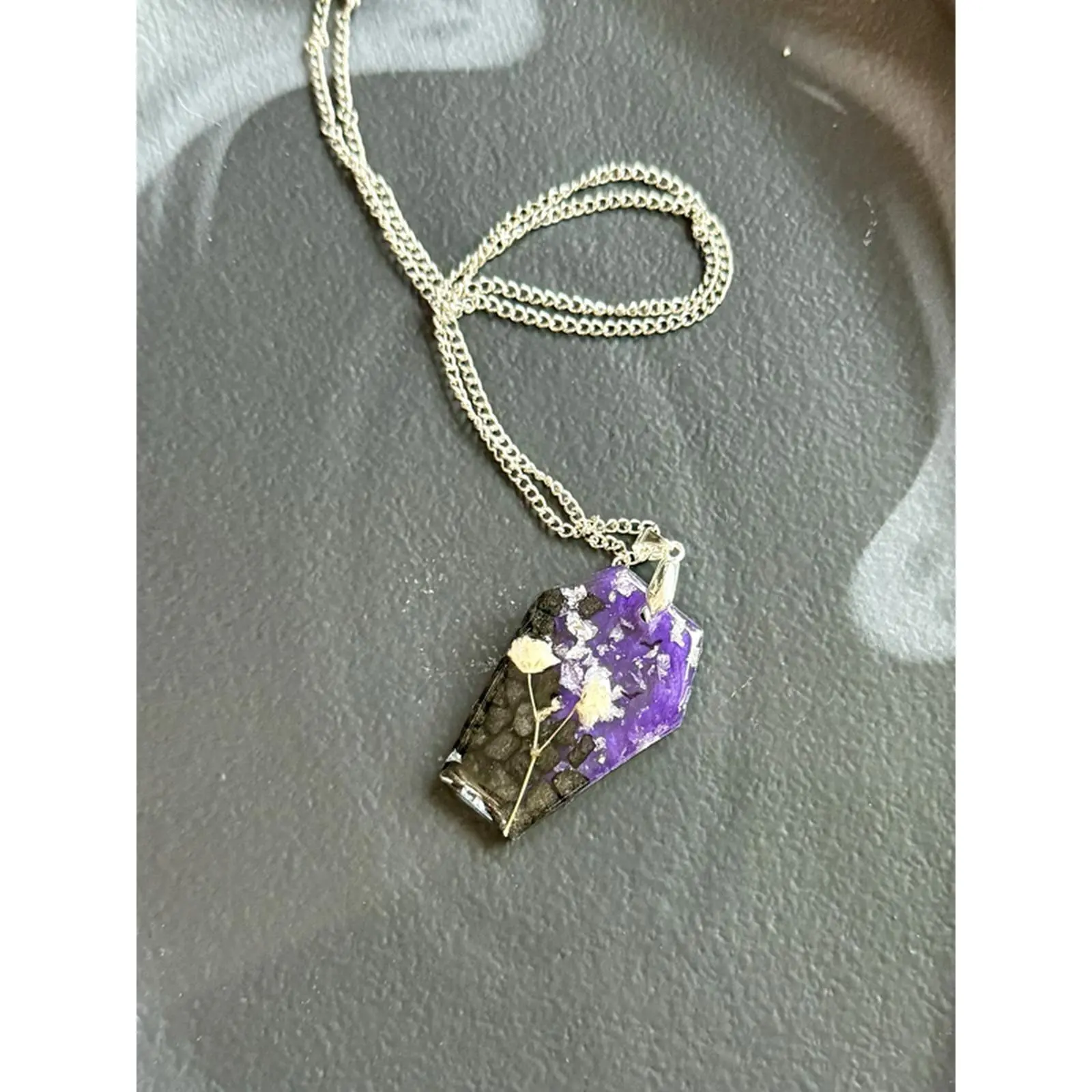 Coffin Resin Necklace with Dried Flowers Little Bats, Black Rock, Purple Resin Pendant On Chain
