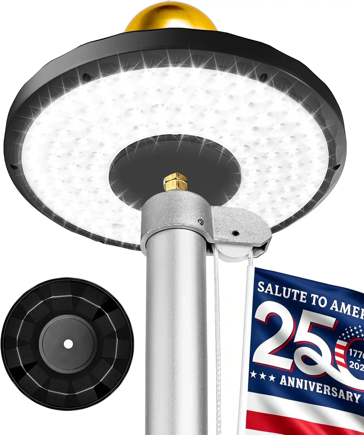 Happy Independence Day Solar Flag Pole Light – 132 LED Outdoor Flagpole Light with 2600mAh Battery, 3 Brightness Modes, Dusk to Dawn Auto On/Off, IP65 Waterproof Lighting for 15 to 25 FT Flags
