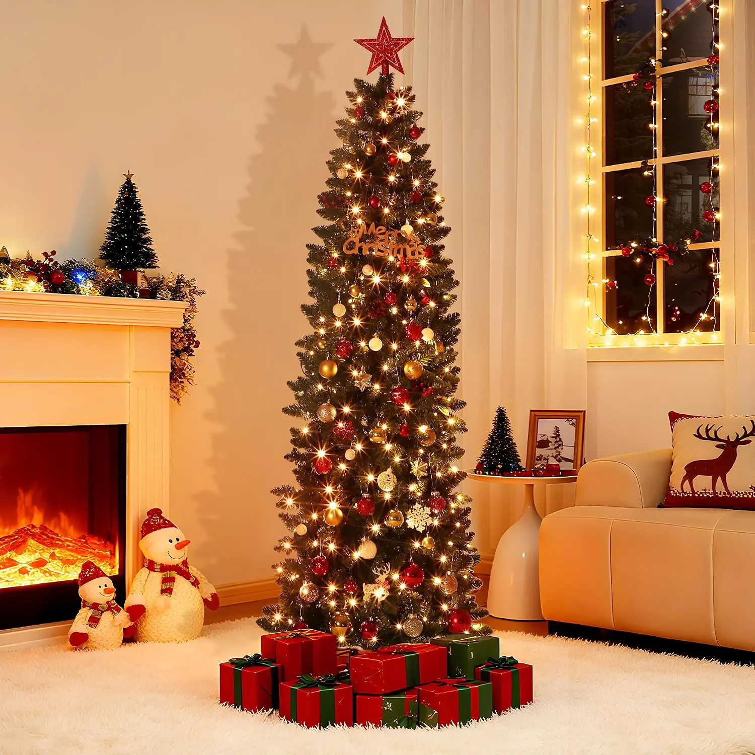 4.5FT/6FT/7.5FT /9FT Pre-Lit Christmas Tree, Artificial Pencil Holiday Decoration with LED Light & 743 Tips, Metal Foldable Stand for Indoor Use, Green