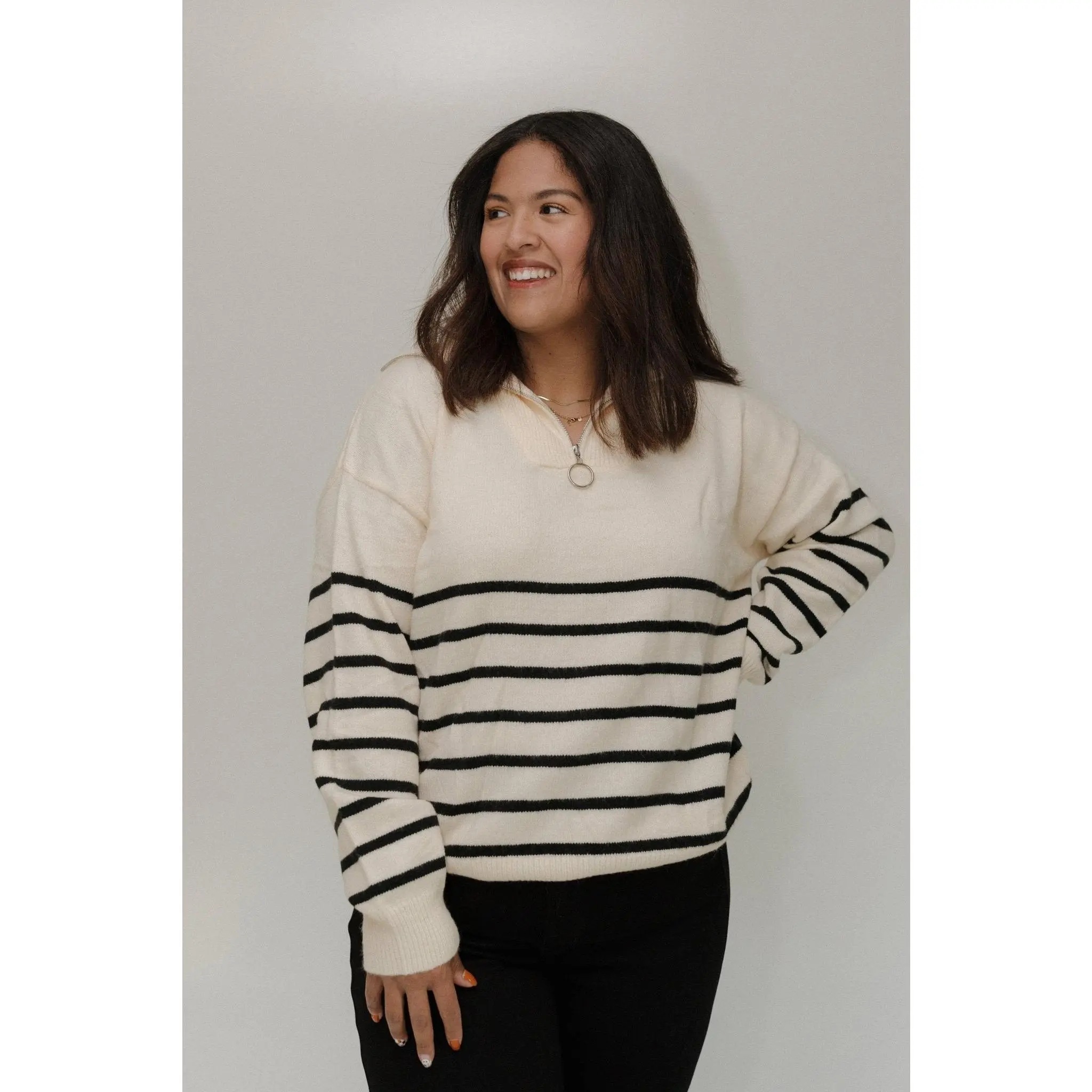 Women's Striped Half-Zip Long-Sleeve Knit Pullover Sweater - Soft Polyamide Fabric, Casual Fashion, Flattering True-to-Size Fit, Ecru & Black, Lightweight Winter Everyday Top, Low Iron, Hand & Hang Dry, Plus Sizes (1X, 3X), Polyester Blend