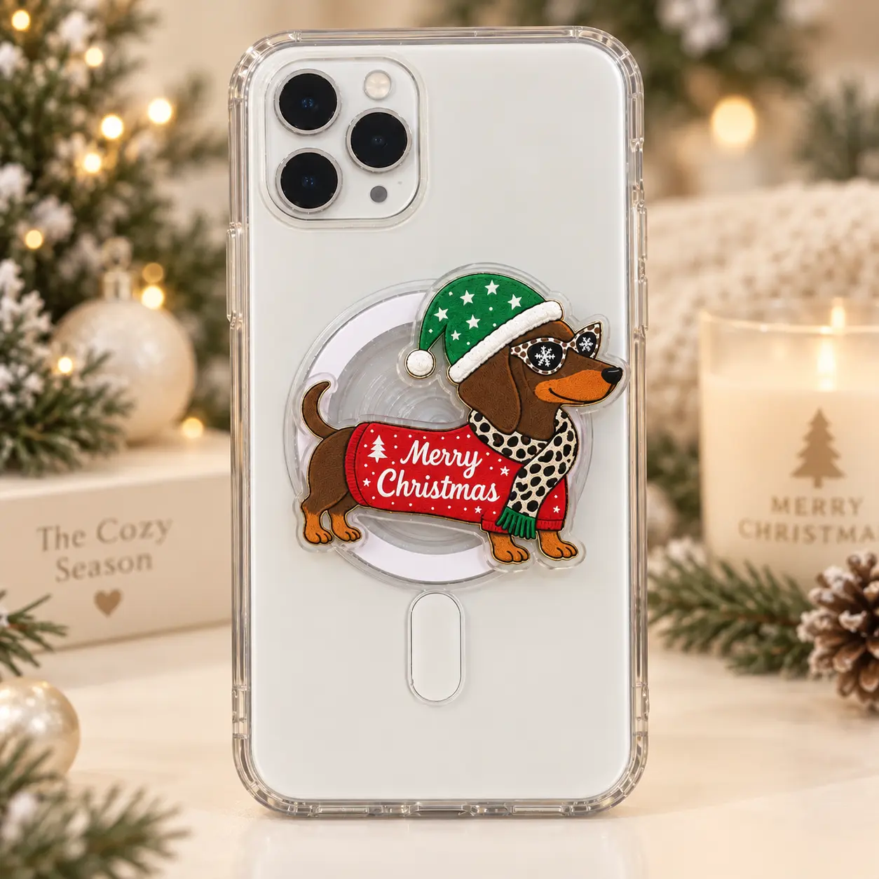Christmas Dachshund Magnetic Phone Grip – Cute Holiday Dog Acrylic Phone Stand, Merry Christmas Wiener Dog Grip Holder, Festive Gift for Dog Lovers