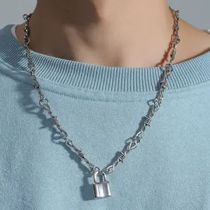Men lock pendant necklace for men jewelry for men gift for men fashion, hiphop silver lock pendant Bramble alloy necklace simple Chains Jewellery