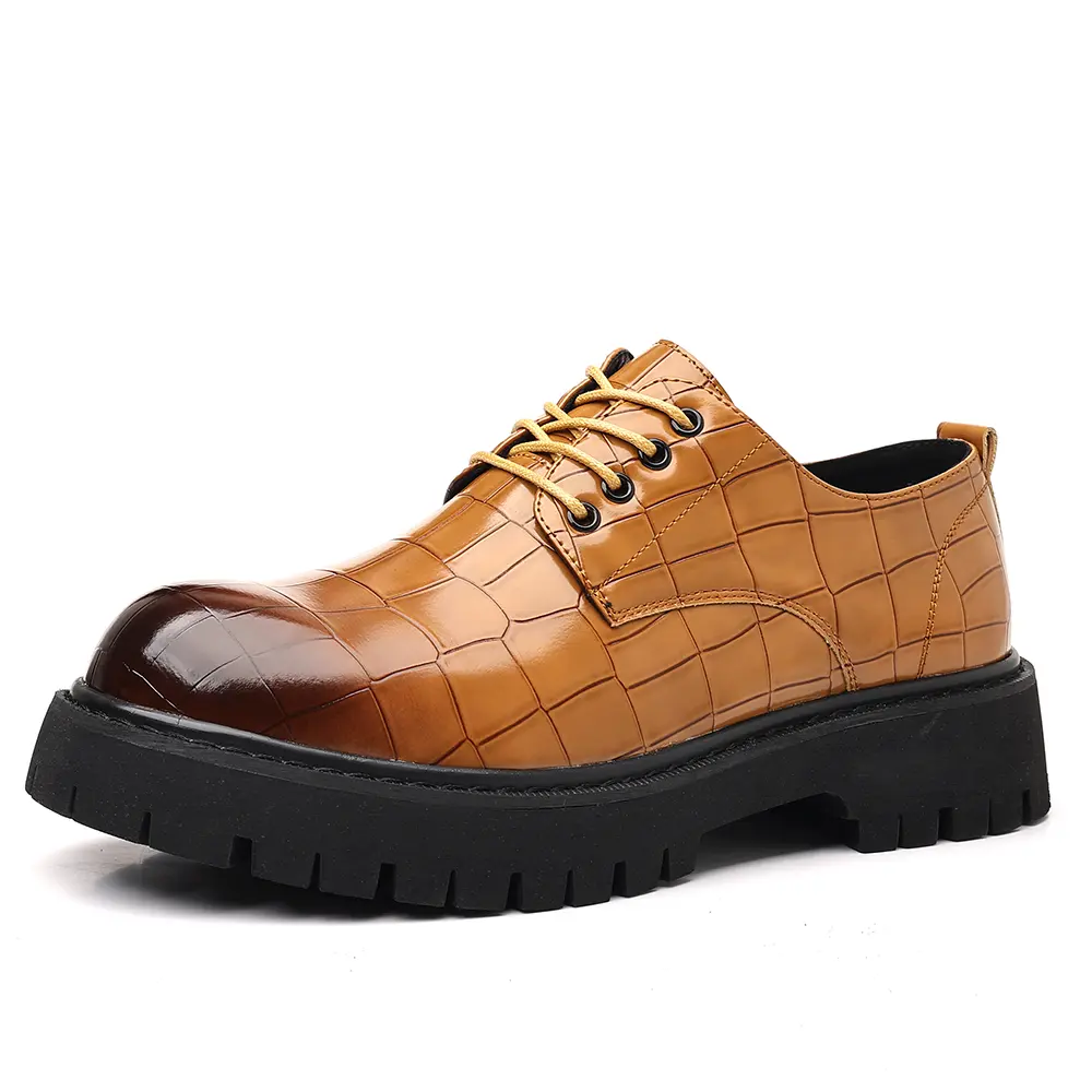 Men's Faux Leather PU Round Toe Platform Derby Shoes - Plaid, Thick Bottom Lug Rubber Sole, Hidden Height, Laces, Lightweight Business Style Shoes for Casual Daily Wear