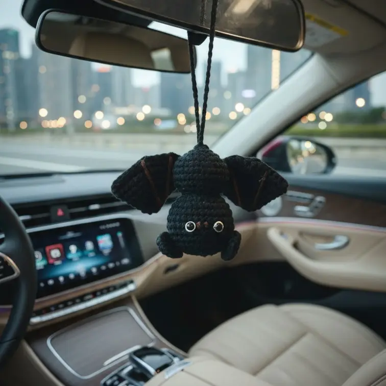 Car Hanging Decoration - Handmade Crochet Bat Ornament - 4 In Natural Cotton Yarn, Car Hanger, Keychain, Bag Charm, Unique Gift For Boyfriend