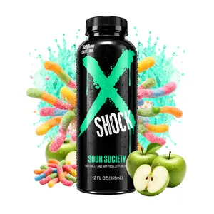 XSHOCKLABS Sour Society Pre Workout 12oz Bottles - Sour Gummy Flavor for Intense Training, 300mg Smart Caffeine, L Citrulline, Beta Alanine, Taurine, Alpha GPC, Pink Himalayan Salt, Full Dose.