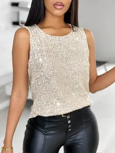 Versatile Sequined Tank Top, Round Neck Sleeveless Upper Garment, Perfect for Evening Parties and Any Occasion, Stylish and Comfortable Wear