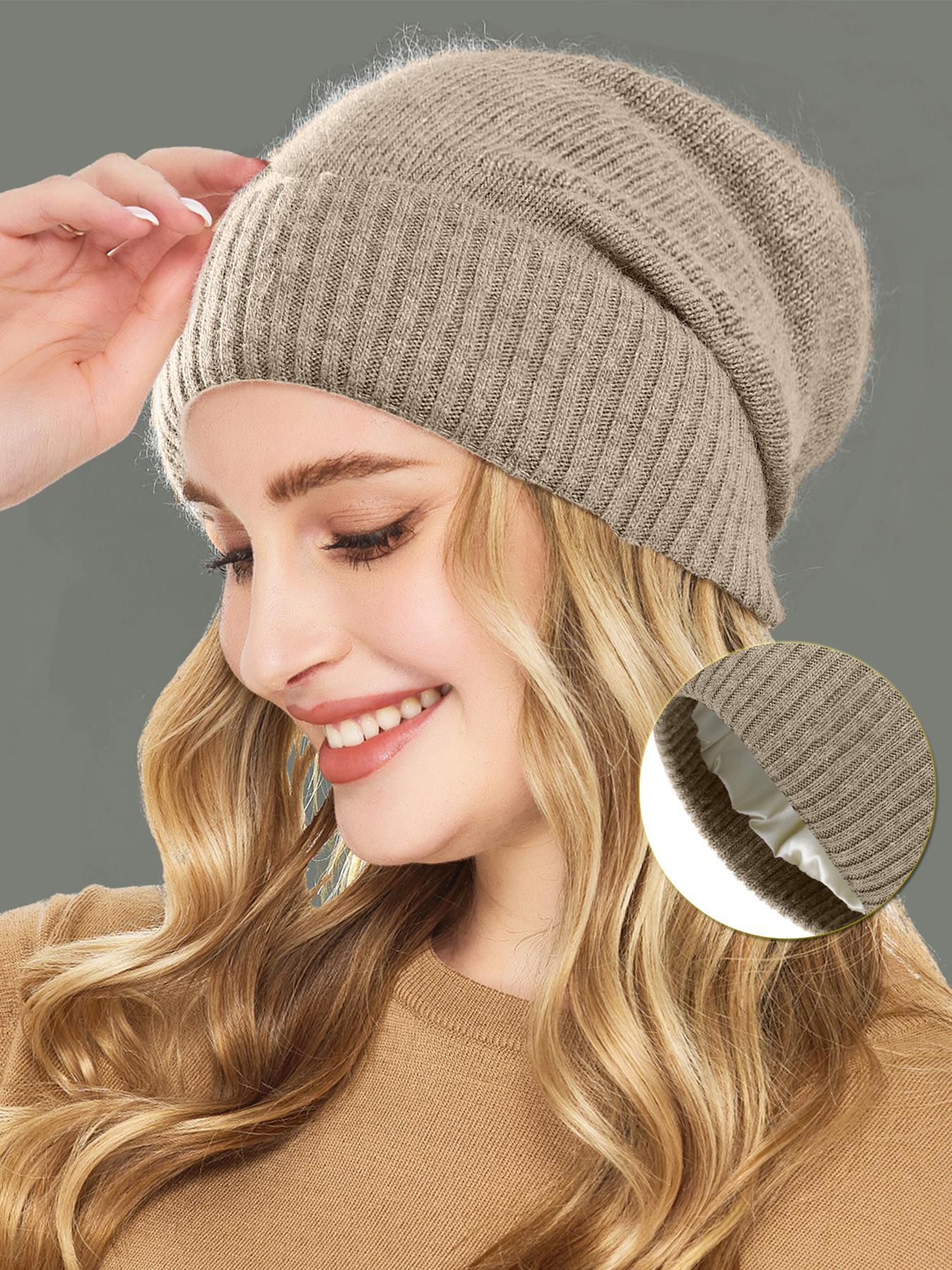 New Wool Blend Satin Lined Knit Beanie Hat, Lightweight Unisex Soft Loose Fit Warm Cap for Fall & Winter, Casual Style