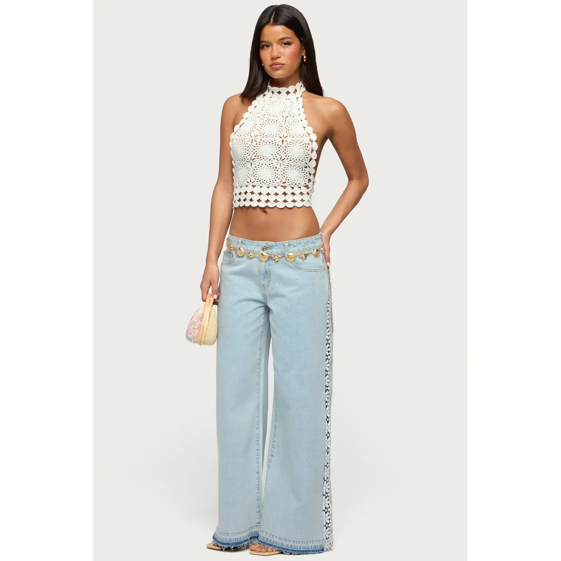 Crochet Panel Low Rise Wide Leg Jeans