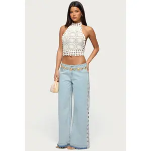 Crochet Panel Low Rise Wide Leg Jeans