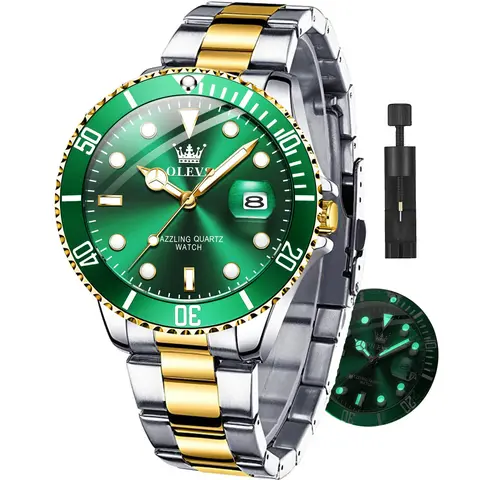 OLEVS Luxury G5885 Men's Green Dial Stainless Steel Quartz Watch with Day Display Waterproof Luminous Band 41mm Case Diameter Water Resistance Gift for Business & Outdoor Sports