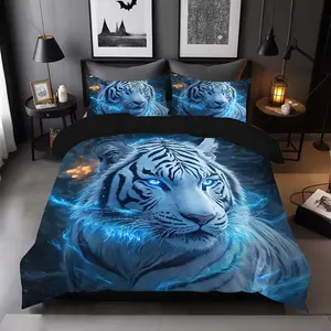 3-Piece Bedding Set (1 Fitted Sheet + 2 Pillowcases), Blue Background Flame Tiger Animal Print, No Core, Suitable for Bedroom & Guest Room