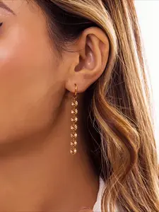 A Pair of Personalized Snowflake Long Chain Earrings, Stainless Steel Plated with 18K Gold Water Drop Earrings