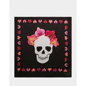 Betsey Johnson FLORAL SKULL SQUARE 35" X 35" SCARF BLACK