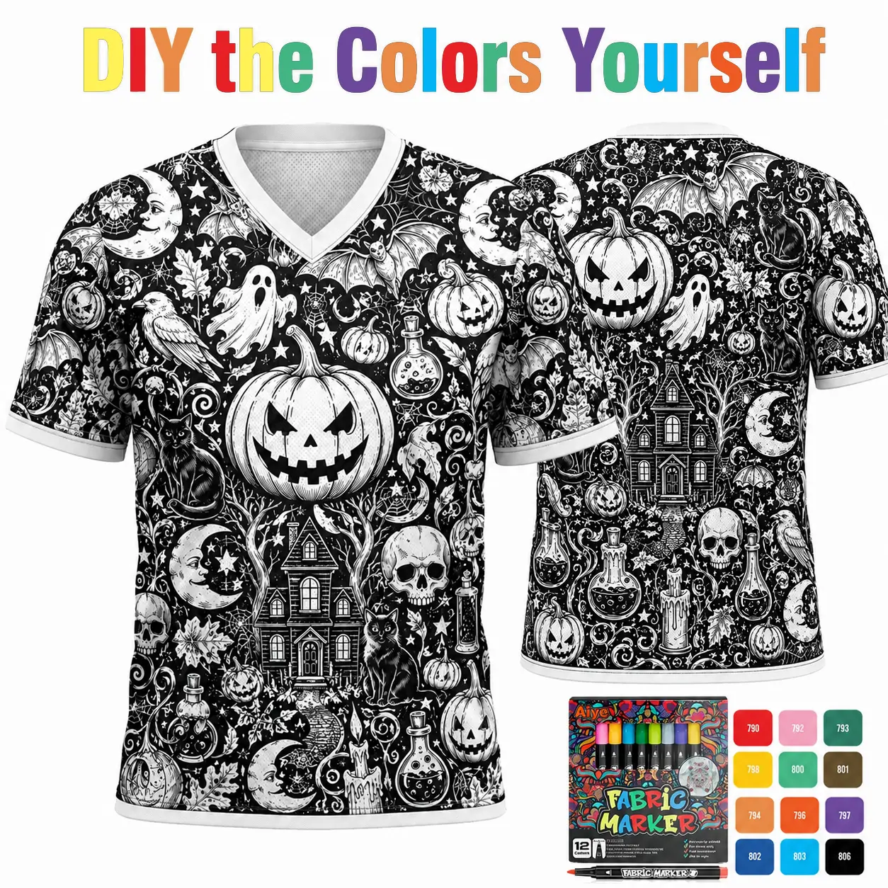 Men's Unisex Short-Sleeve V-Neck T-Shirt - Halloween Customized DIY Sports Top with Black, White Pumpkin, Ghost, Cat, Haunted House Graphics, 12 Fabric Markers, Creative Coloring Party Wear, Sizes S-5XL, Shortsleeve