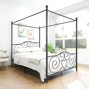 Queen Size Canopy Bed Frame with Vintage Style Headboard & Footboard, Metal Queen Platform Bed for Bedroom, Easy Assembly, All Parts Included, Queen Black