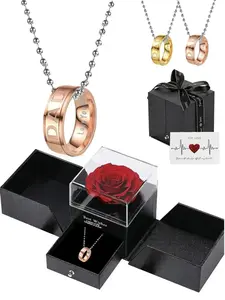 Father's Day Pendant Necklace with Preserved Rose, Casual Stainless Steel Chain, Perfect Gift for Dad, All-Season Jewelry, Engraved Ring Necklace
