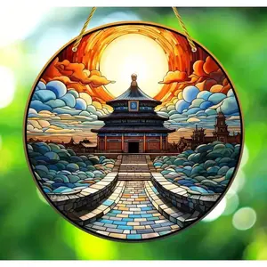 Stained glass acrylic suncatcher depicting a Chinese temple at sunrise.