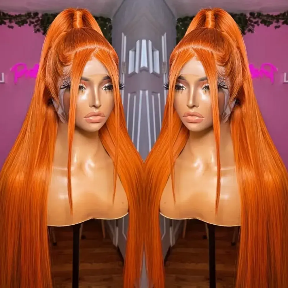 Bling Hair 13x6 Orange Ginger Bone Straight Lace Front Wigs Human Hair 12~34 Inch Transparent 13x4 Lace Frontal Wig Pre Plucked For Women