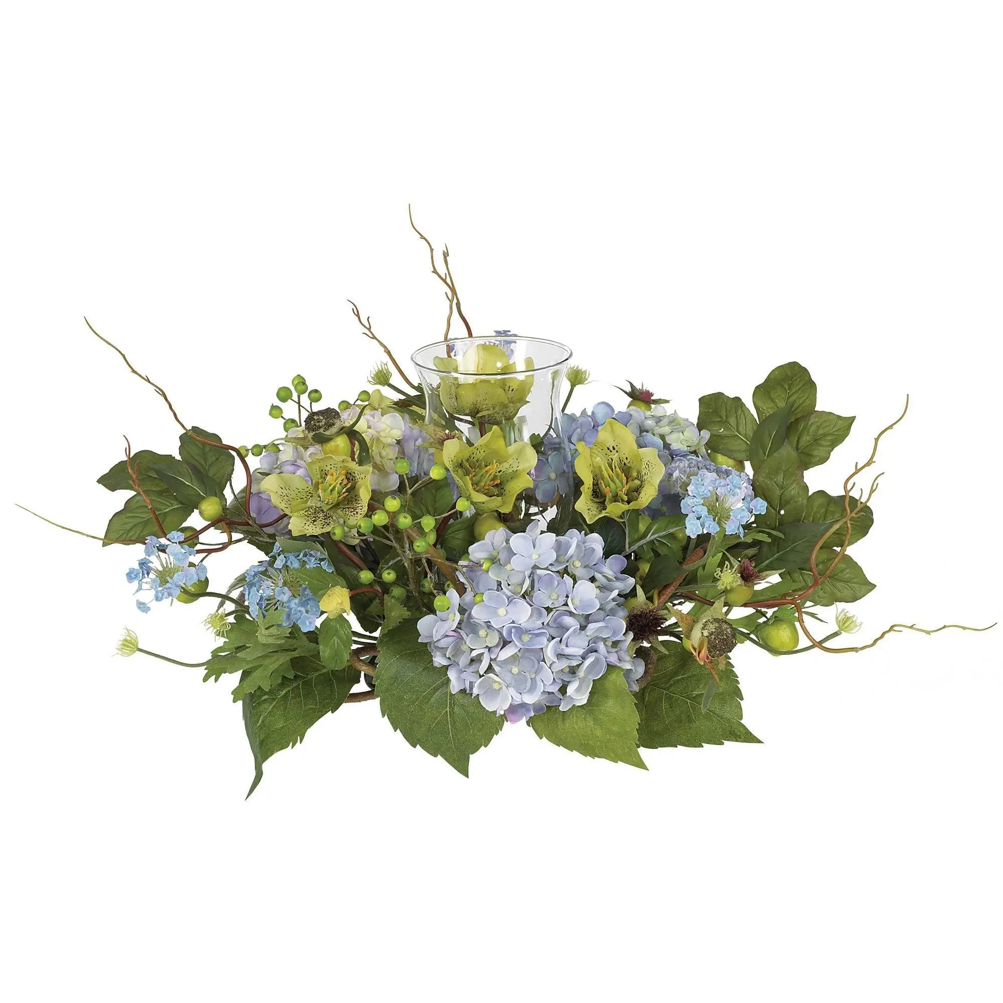 Elegant Decorative Hydrangea Flower Candle Holder Centerpiece - Synthetic Artificial Accent Piece for Kitchen Table, Dining Room Home Decor