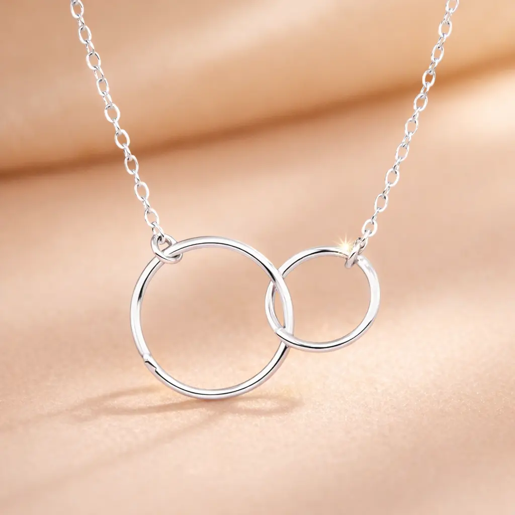 Interlocking Circle Necklace, Linked Circles Necklace for Women, Symbol of Love & Connection, Minimalist Everyday Jewelry, Friendship or Couple Gift (TWO (2) Rings .925 Sterling Silver, 16"+2" Extender)