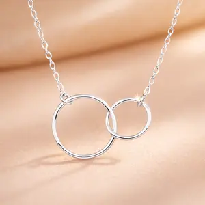 Interlocking Circle Necklace, Linked Circles Necklace for Women, Symbol of Love & Connection, Minimalist Everyday Jewelry, Friendship or Couple Gift (TWO (2) Rings .925 Sterling Silver, 16"+2" Extender)