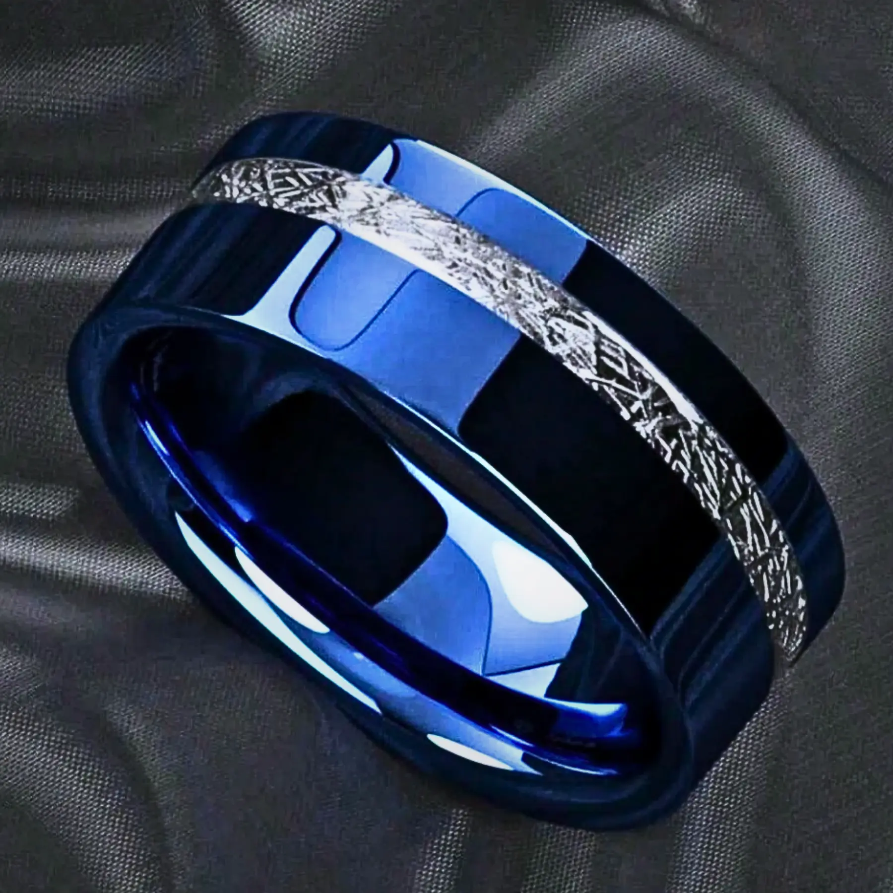 Meteorite Inlay Stainless Steel Ring, 8mm Comfort Fit Engagement & Wedding Jewelry