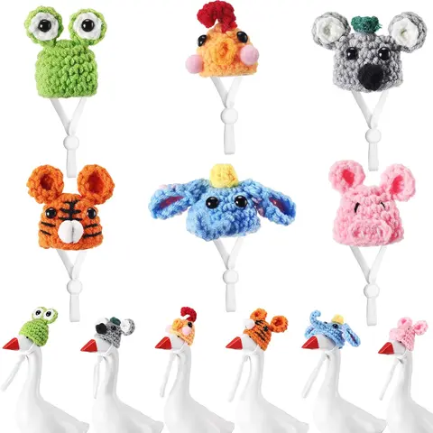 6 Pcs 7 in Knit Fabric Mini Hats with Adjustable Strap - Cute Accessories, Animal Crochet Stitch Keychains for Porch Statue, Anniversary Party Decor (Outfit Not Included, Handmade Design)