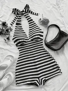 Women'S Striped Crochet Suspender Jumpsuit, Knitted Sleeveless Tie-Waist V-Neck Jumpsuit, Casual And Slim Fit, Suitable For Beach Vacations, Date Nights And Parties.