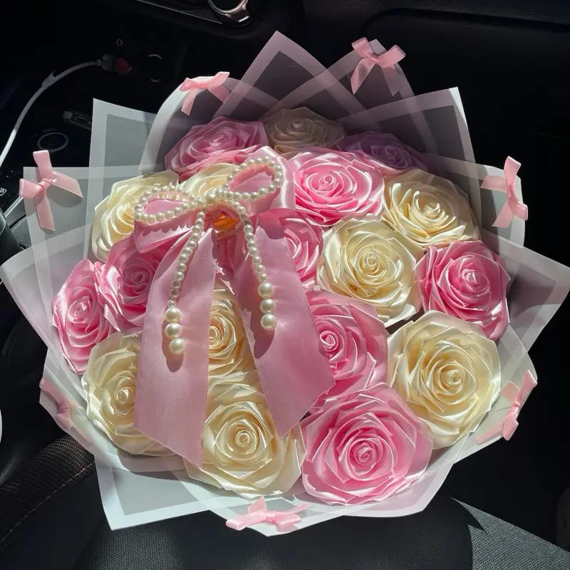 18 count eternal bouquet pink and beige roses with bow decoration 18 count eternal bouquet pink and beige roses with bow decoration