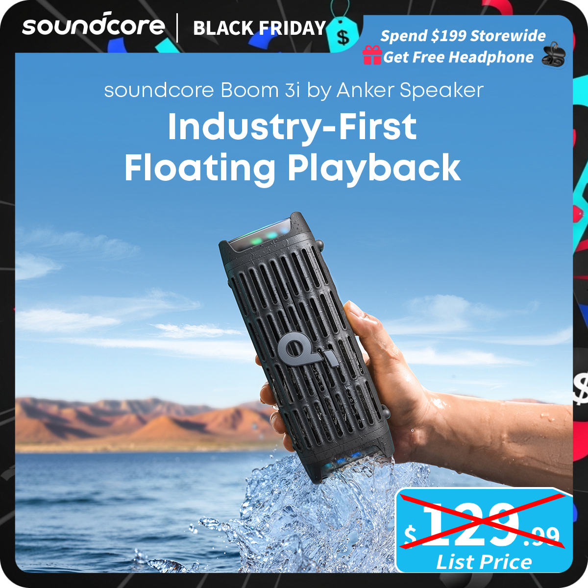 [TikTokShopBlackFriday] soundcore Boom 3i by Anker, Rugged Outdoor Speakers, IP68 Waterproof, Floating Playback, Saltwater-Resistant, BassUp 2.0, 50W