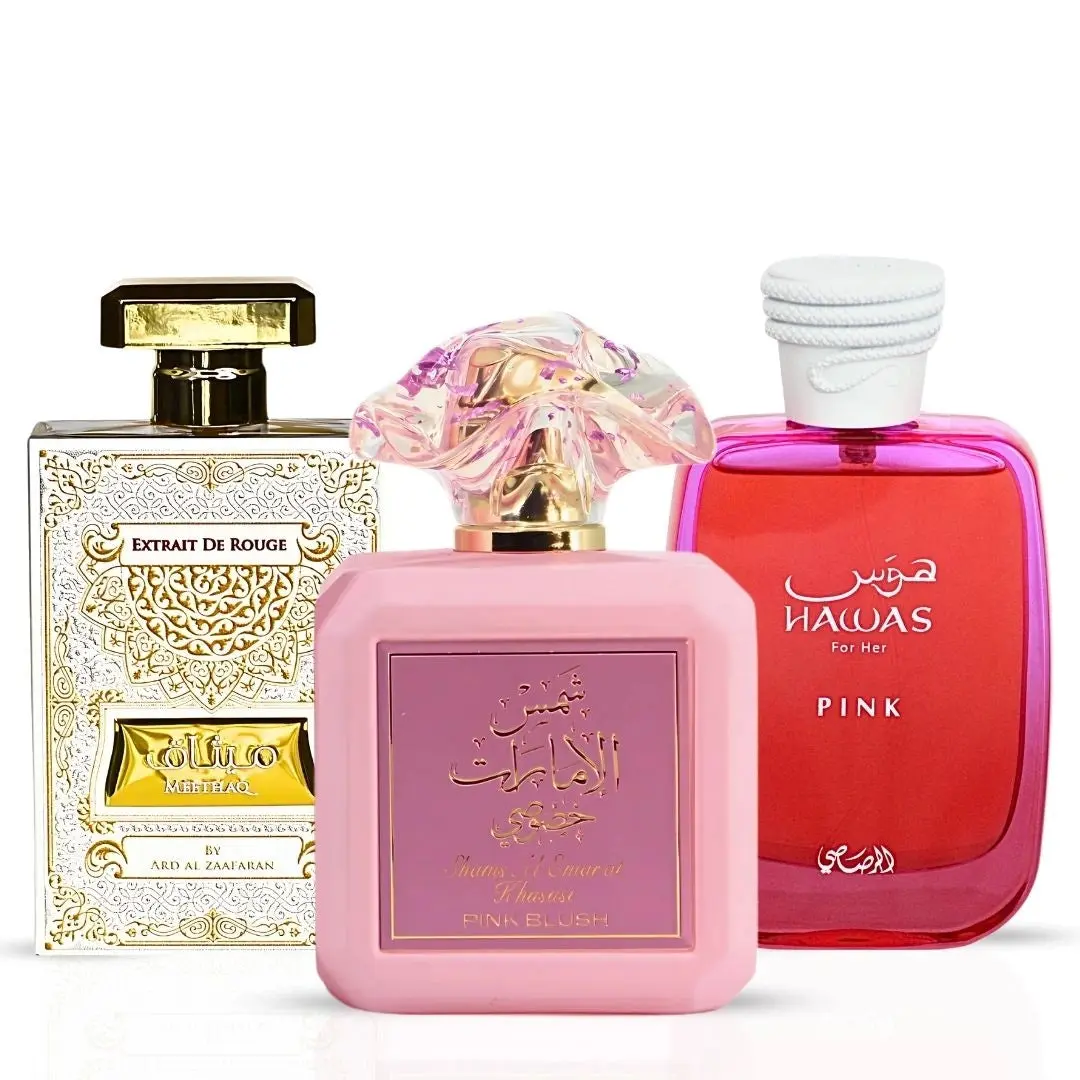 Pink Blush & Meethaq Extrait De Rouge by Ard Al Zaafaran & Hawas Pink by Rasasi - Eau de Parfum Sprays 100ml | Sweet, Playful, and Elegant (Marshmallow Bundle)