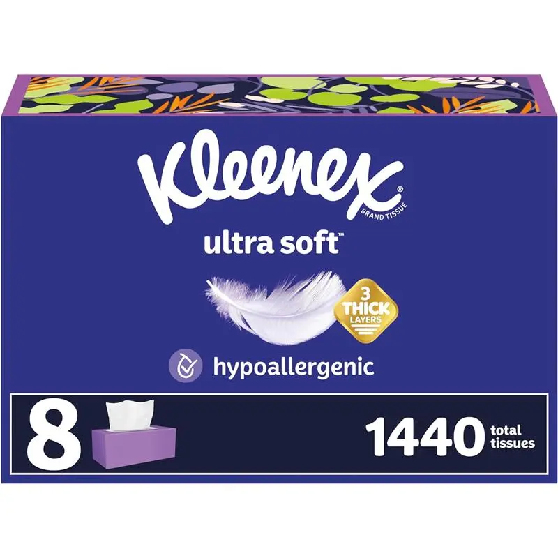 Kleenex Ultra Soft Facial Tissues 8 Flat Boxes - 180 Tissues per Box, Hypoallergenic, Soft & Strong, FSC-Certified, Packaging May Vary - Napkin