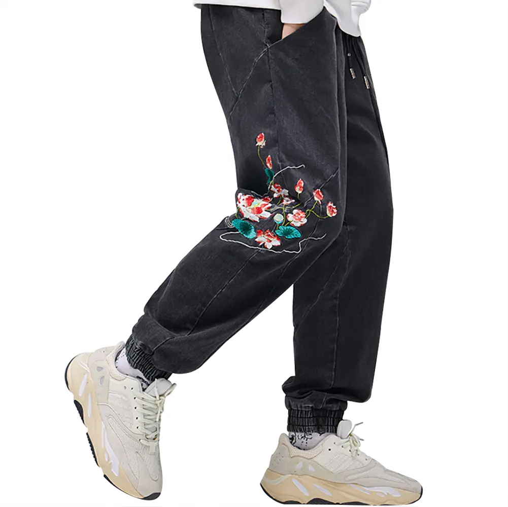Niepce Denim Japanese Streetwear Embroidery Lotus Flowers Jeans
