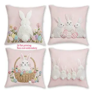 4 Pieces 2D Printed Easter Decoration Throw Pillow Covers, Bohemian Bunny and Egg Design, 18x18 Inches Spring Home Decor for Couch and Porch