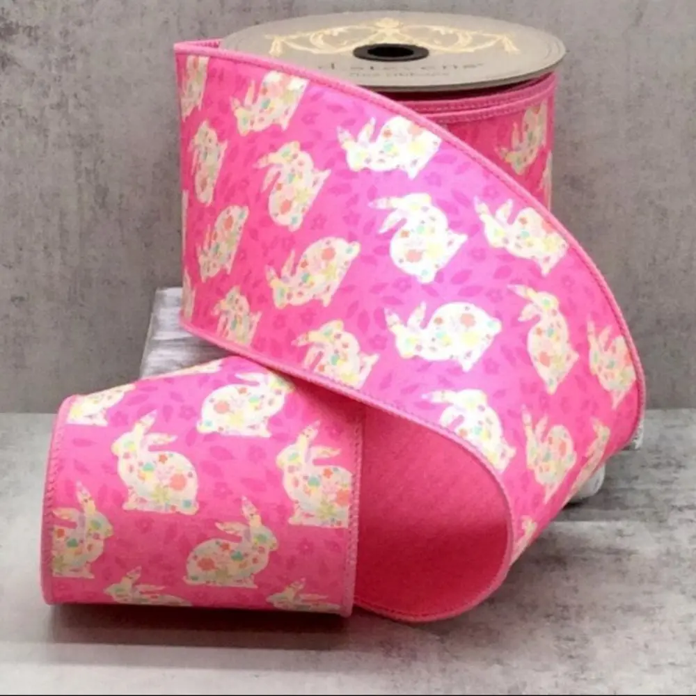 Dupion Pink Easter Floral Rabbit Ribbon, 4" x 10YD