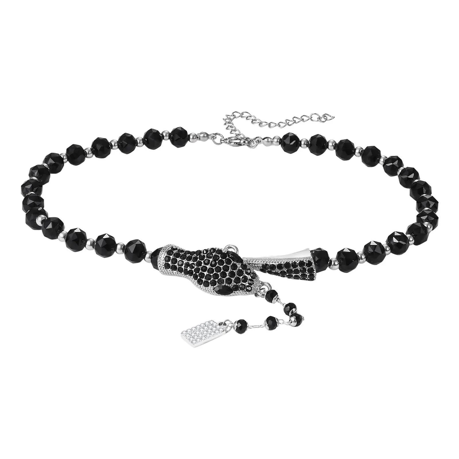 OIDEA Women's Y-Shape Snake Animal Shape Long Flexible Necklace - Black Glass Bead Chain, CZ Lariat Drop Costume Jewelry, Animal Shape Necklaces, Long Flexible Necklaces
