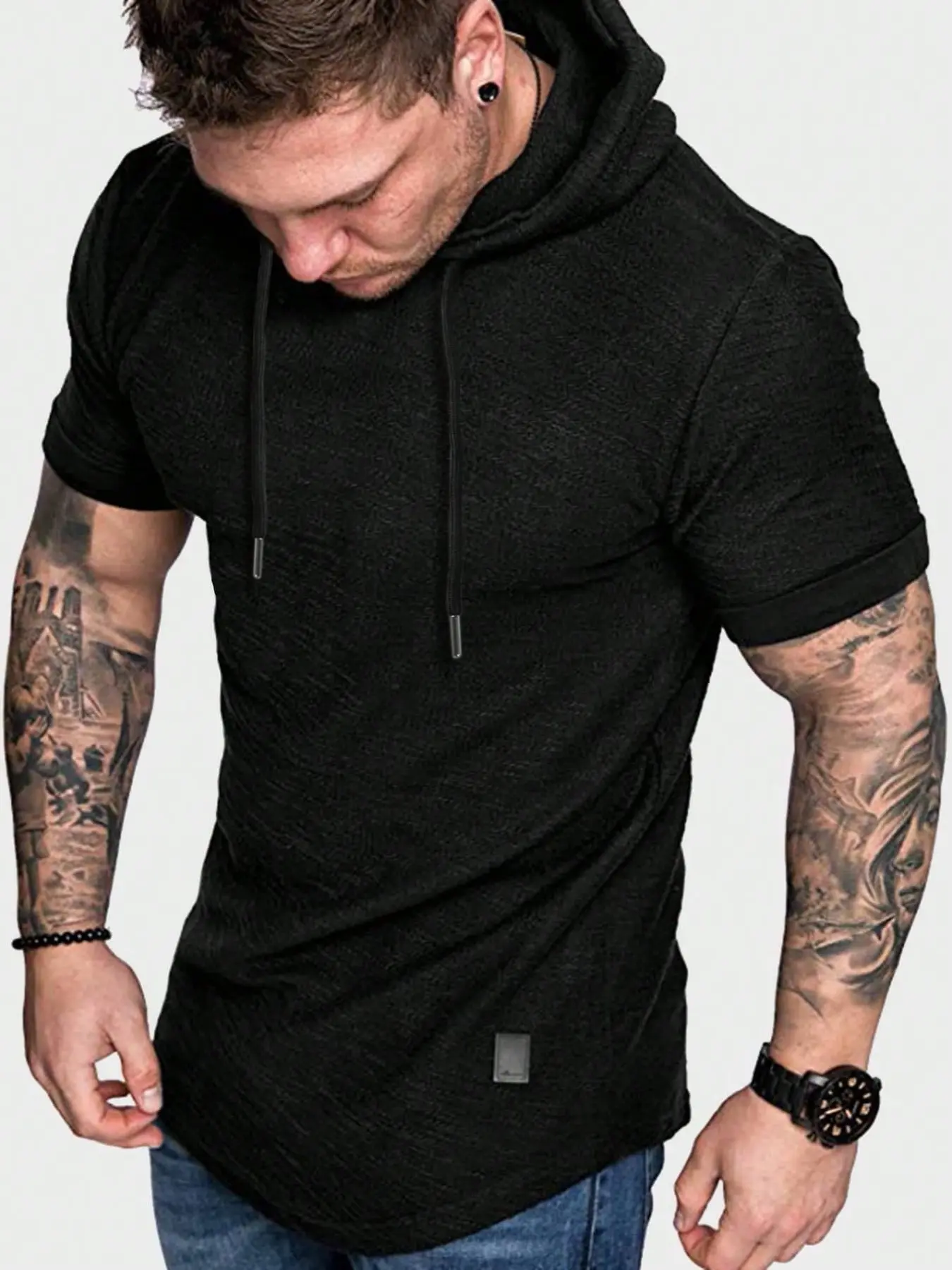 Trendy Men's Black Textured Hooded Tee, Short Sleeve Slim Fit Hoodie, Edgy Streetwear Top for Street Style & All-Day Daily Wear #MensStreetwearHoodie #TexturedAestheticFashion #VersatileEverydayTop